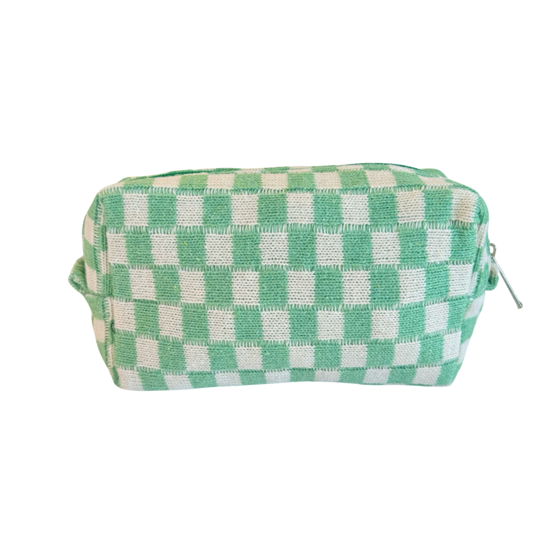 light green and beige checkered cosmetic bag