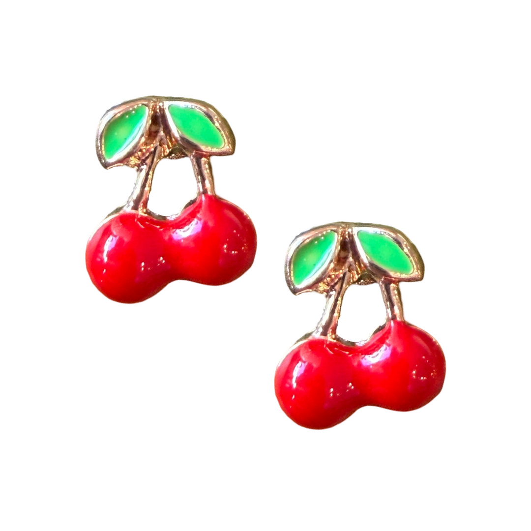 Cherry-shaped earrings with red bodies and green leaves 