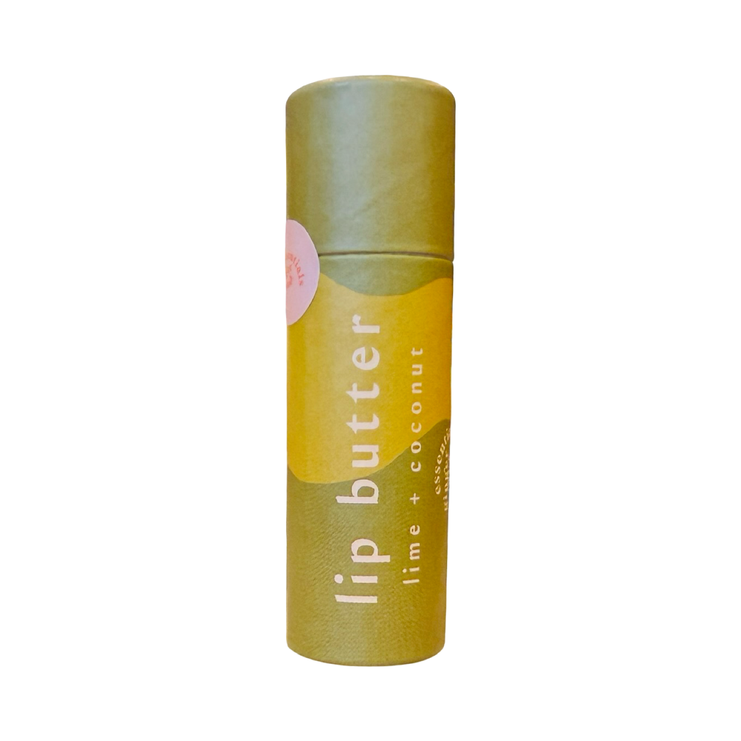 Tube of Coconut Lime Lip Butter in a recyclable paper container.