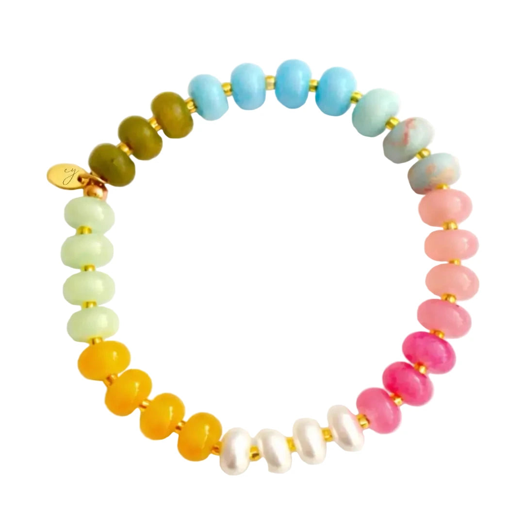 Multicolor stone rondelle bead stretch bracelet with gold accent beads and a branded charm.