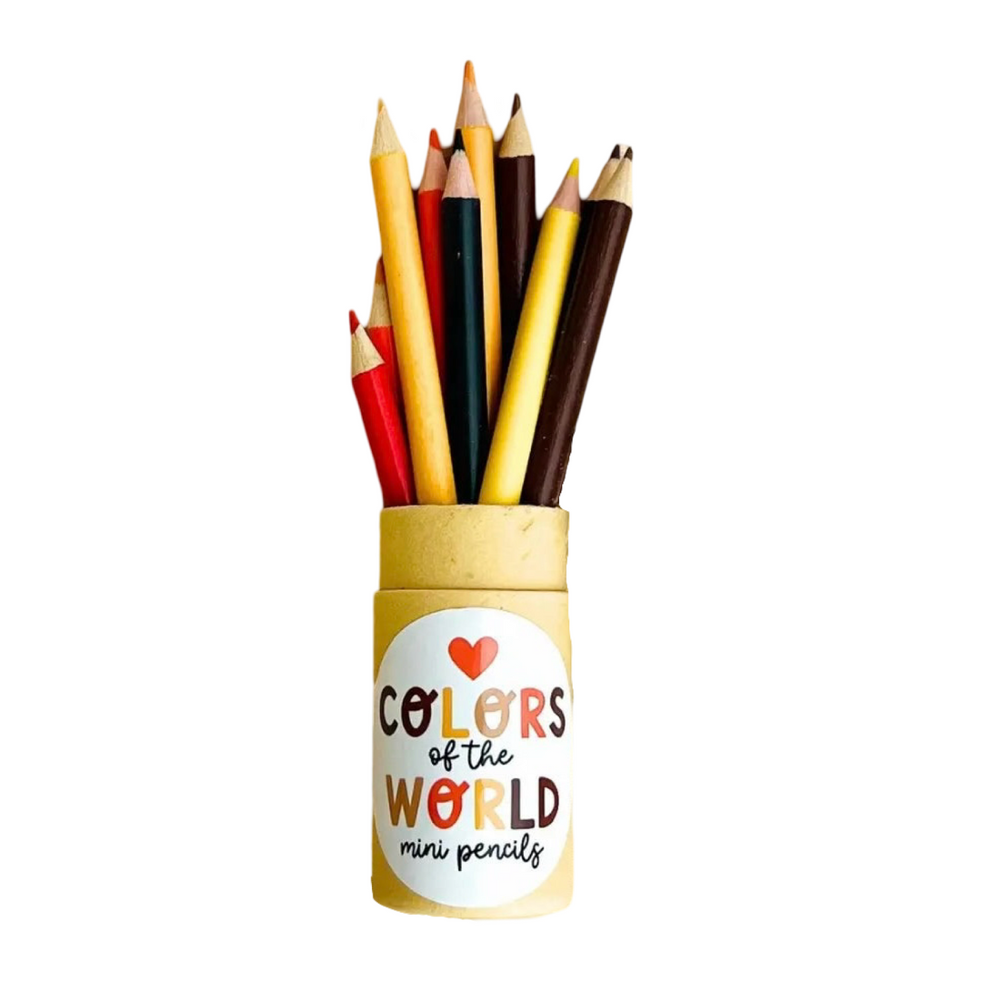 A set of mini colored pencils labeled 'Colors of the World' in a cylindrical eco-friendly case with a transparent sharpener lid.
