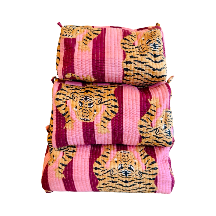 Cranberry Quilted Striped Tiger Makeup Bag