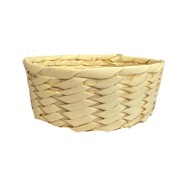A handwoven natural palm leaf basket with a rectangular shape and diagonal weave pattern.