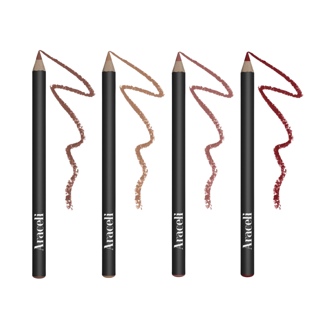4 lip liners in black branded packaging with a swatch of swatch of each color to the right of the liner. Brand: Araceli Beauty
