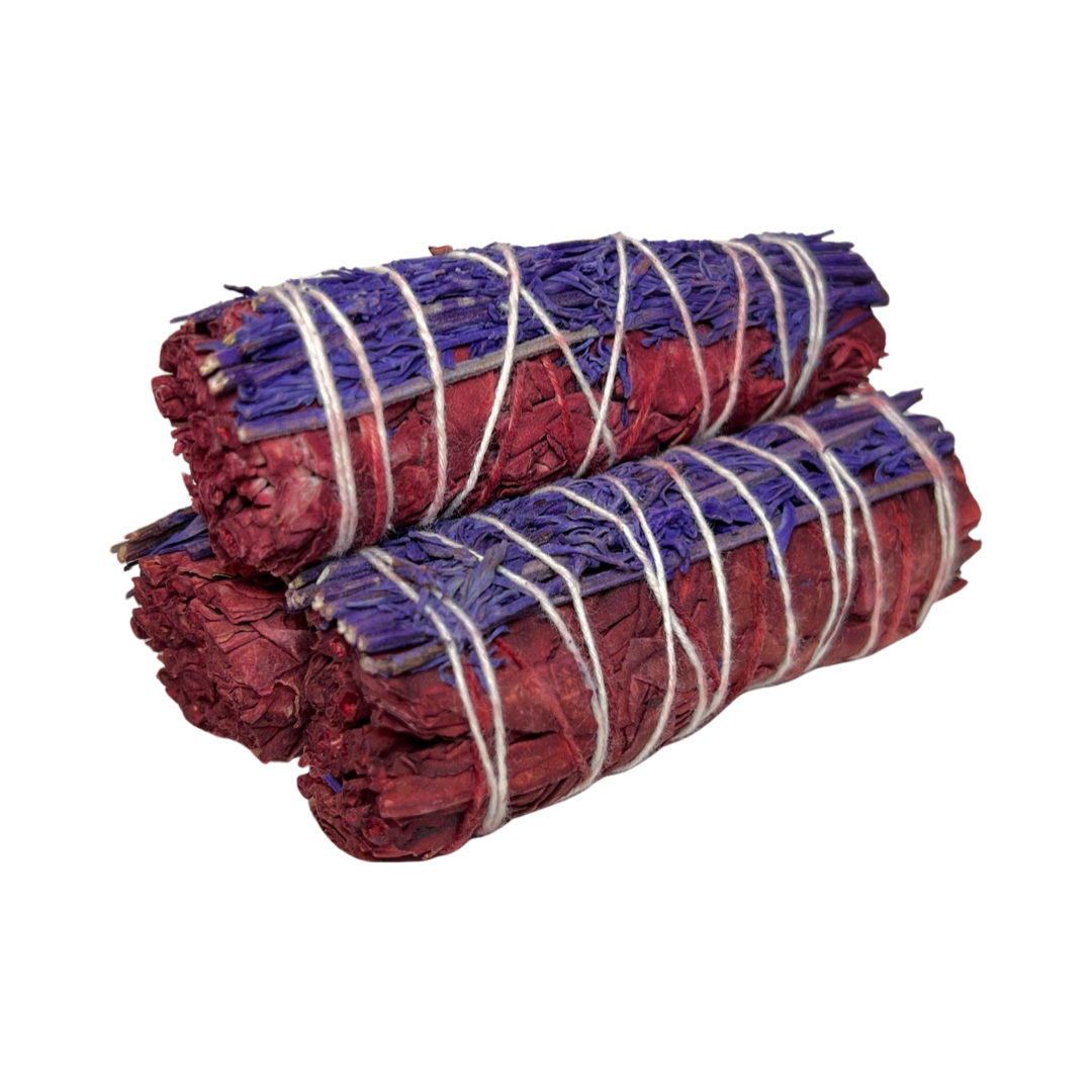 3 bundles of red colored sage with dyed lavender tied with white twine.