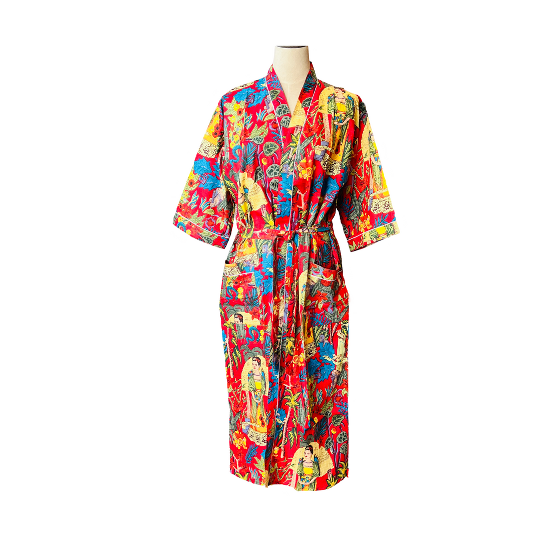 Red robe with a Frida Kahlo tropical design.