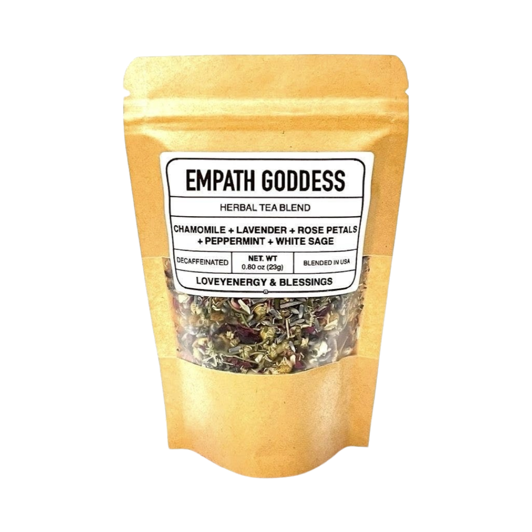.80 oz kraft pouch of tea featuring dried chamomile,  rose petals, peppermint, white sage and lavender with a white branded label. Brand: Loveyenergy & Blessings