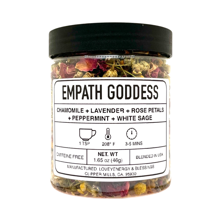 1.65 oz clear jar of tea featuring dried flowers and herbs with a white branded label. Brand: Loveyenergy & Blessings