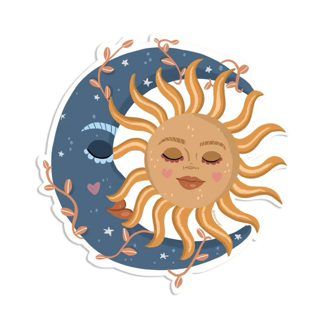 BLUE CRESCENT MOON AND GOLDEN SUN WITH FACES