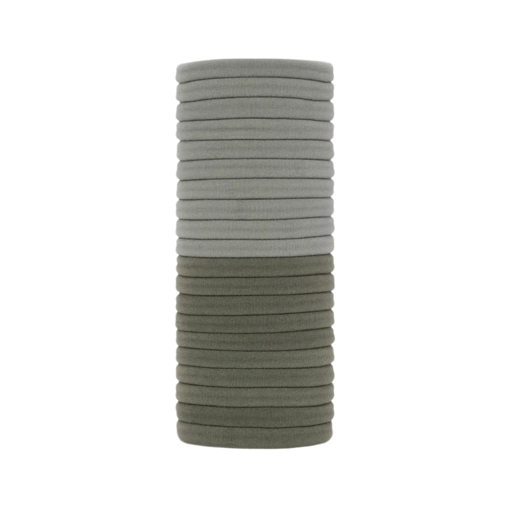 stack of light sage and dark sage elastic hair ties. Brand: Kitsch