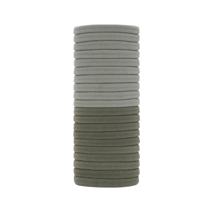 stack of light sage and dark sage elastic hair ties. Brand: Kitsch
