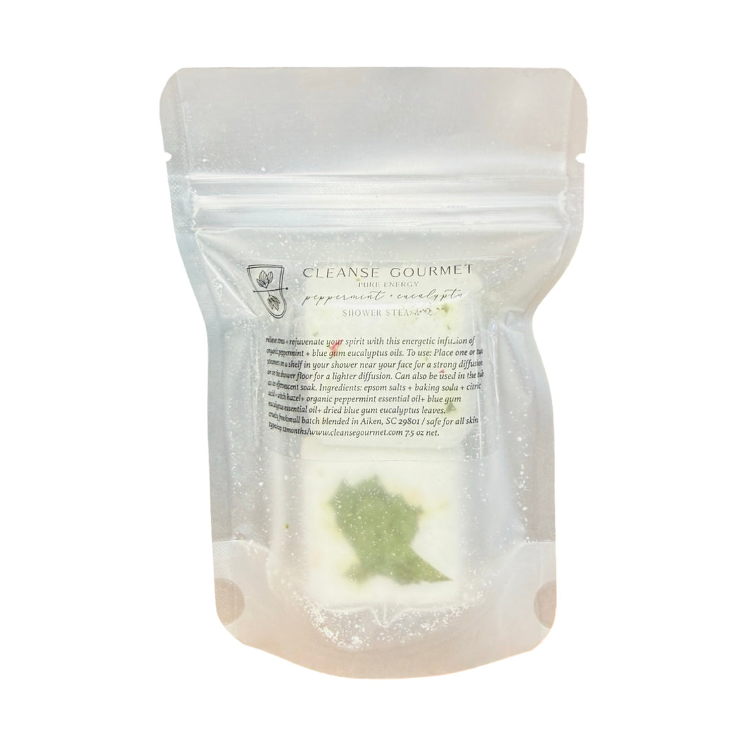 White plastic opaque pouch of shower steamers by Cleanse Gourmet has package content description in fine black print.