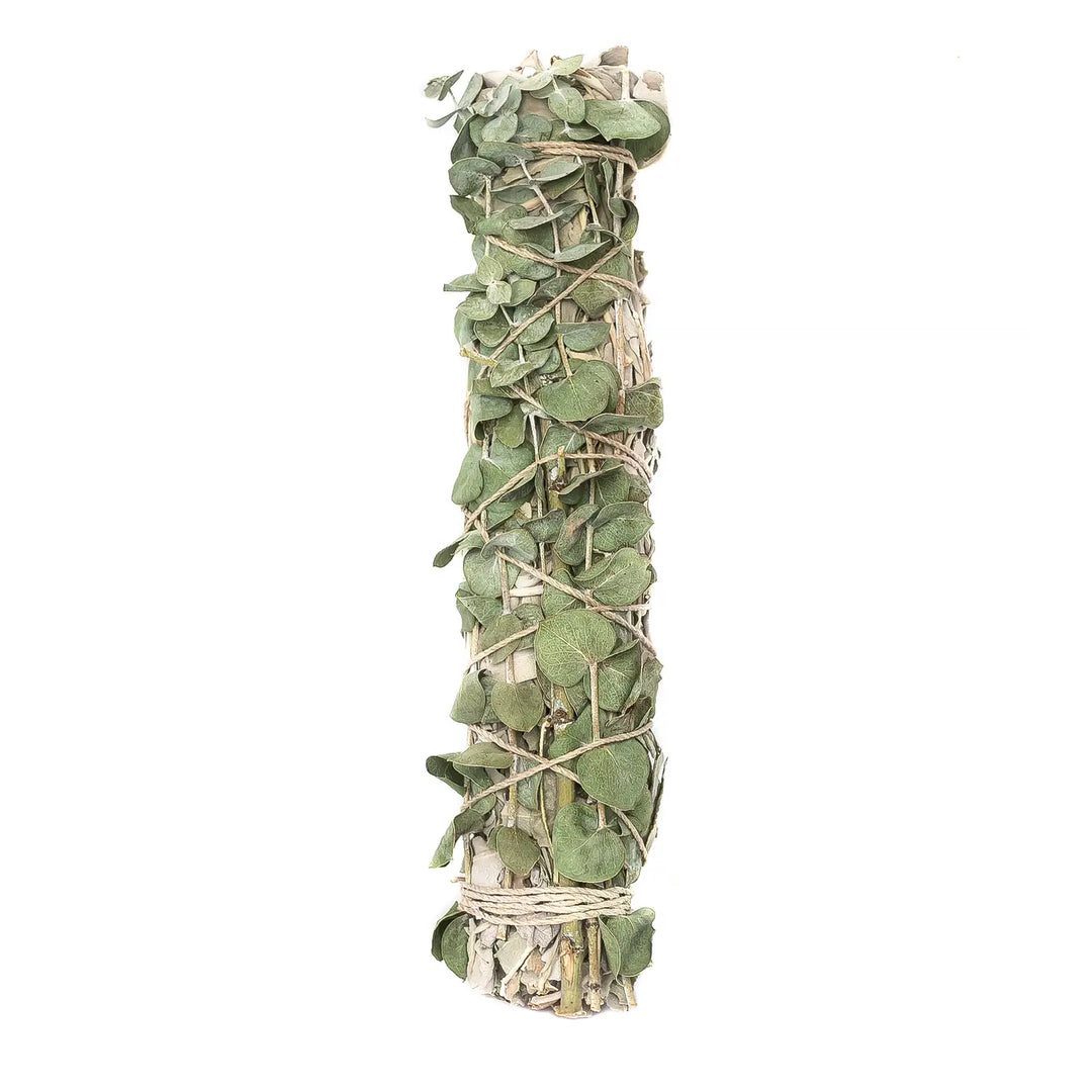 Eucalyptus wrapped sage bundle tied with natural twine, featuring green eucalyptus leaves layered over white sage sticks.