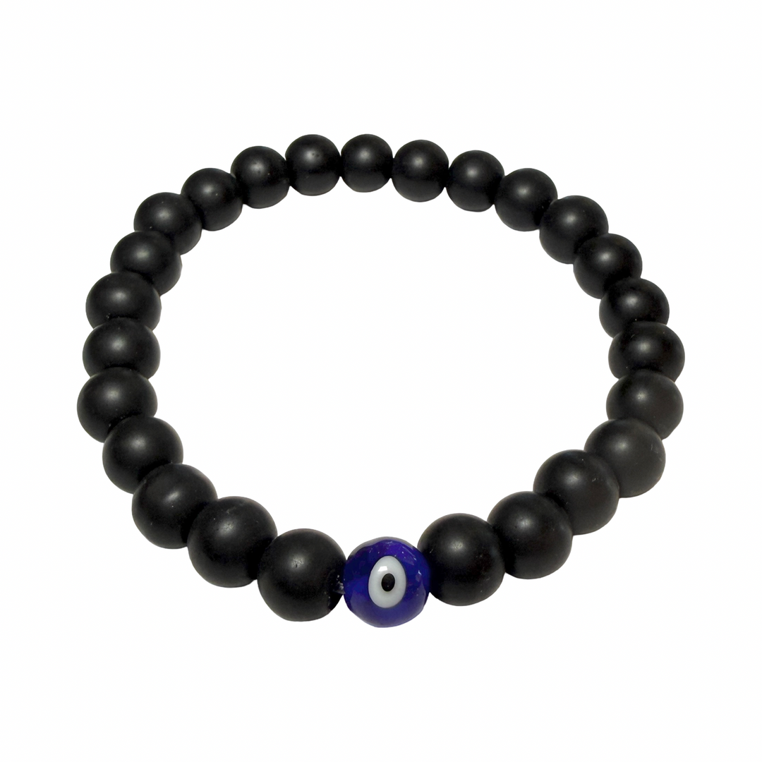matte black onyx bracelet with a blue eye bead.