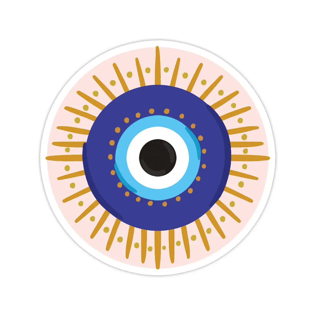 A sticker with a modern design of an evil eye with vibrant blue and gold accents on a white background.
