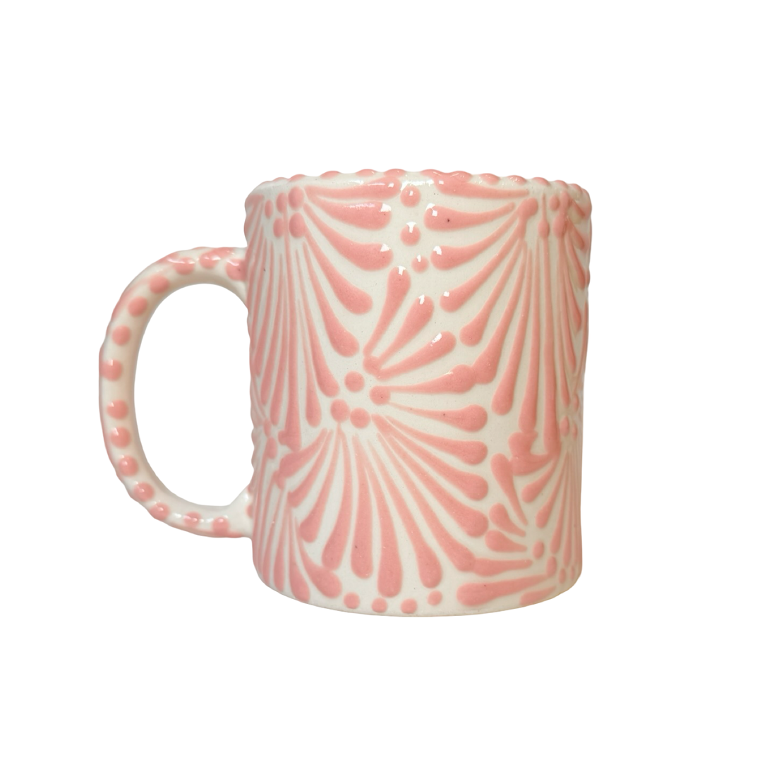 coffee mug with a white and pink Puebla design.