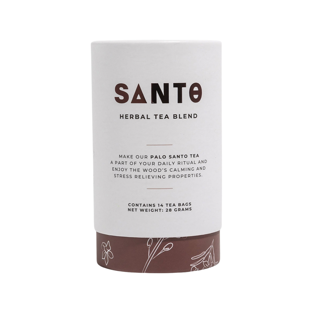 28g of santo tea in a white and brown branded cylinder packaging
