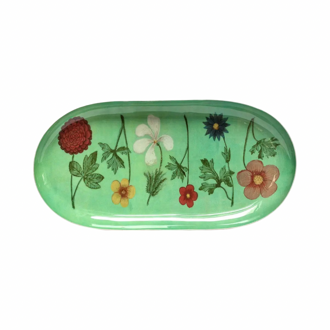 Oval green enamel tray with a painted wildflower design.