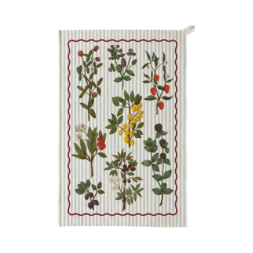 Tea towel featuring illustrated botanical branches with fruits and berries arranged on a striped background with a decorative border.