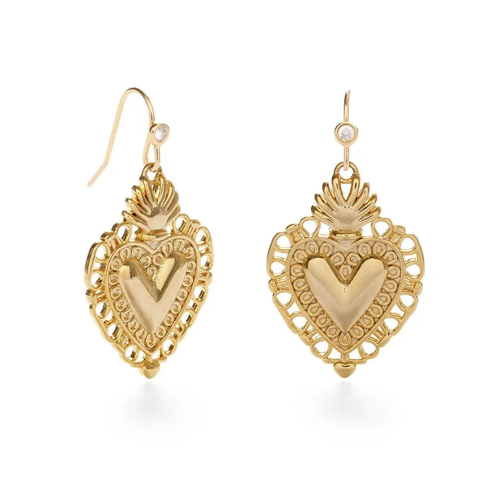 set of gold plated heart shaped earrings with a ear wire hook