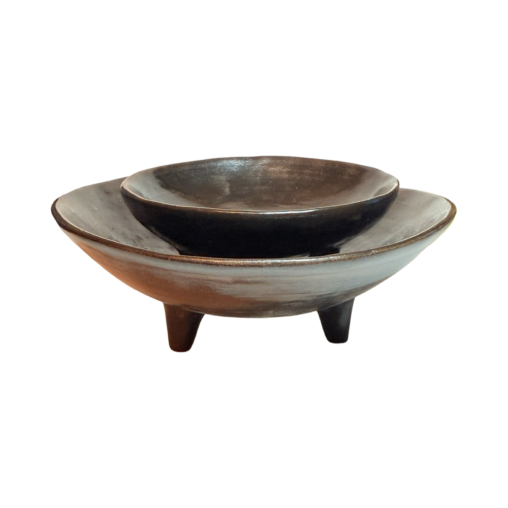 set of dark brown ceramic dishes of two different sizes with one sitting atop of the other