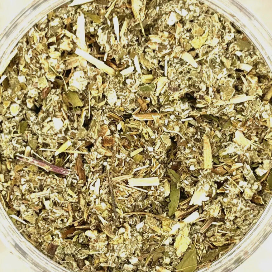 close up view of dried rasberry leaves, peppermint and mugwort. Brand: Loveyenergy & Blessings