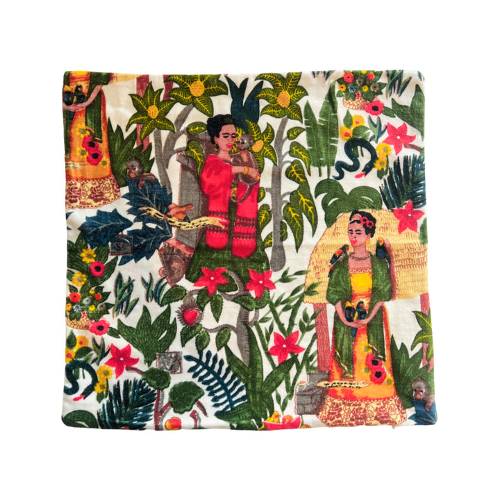 Cream square pillow cover with a Frida Kahlo tropical design.