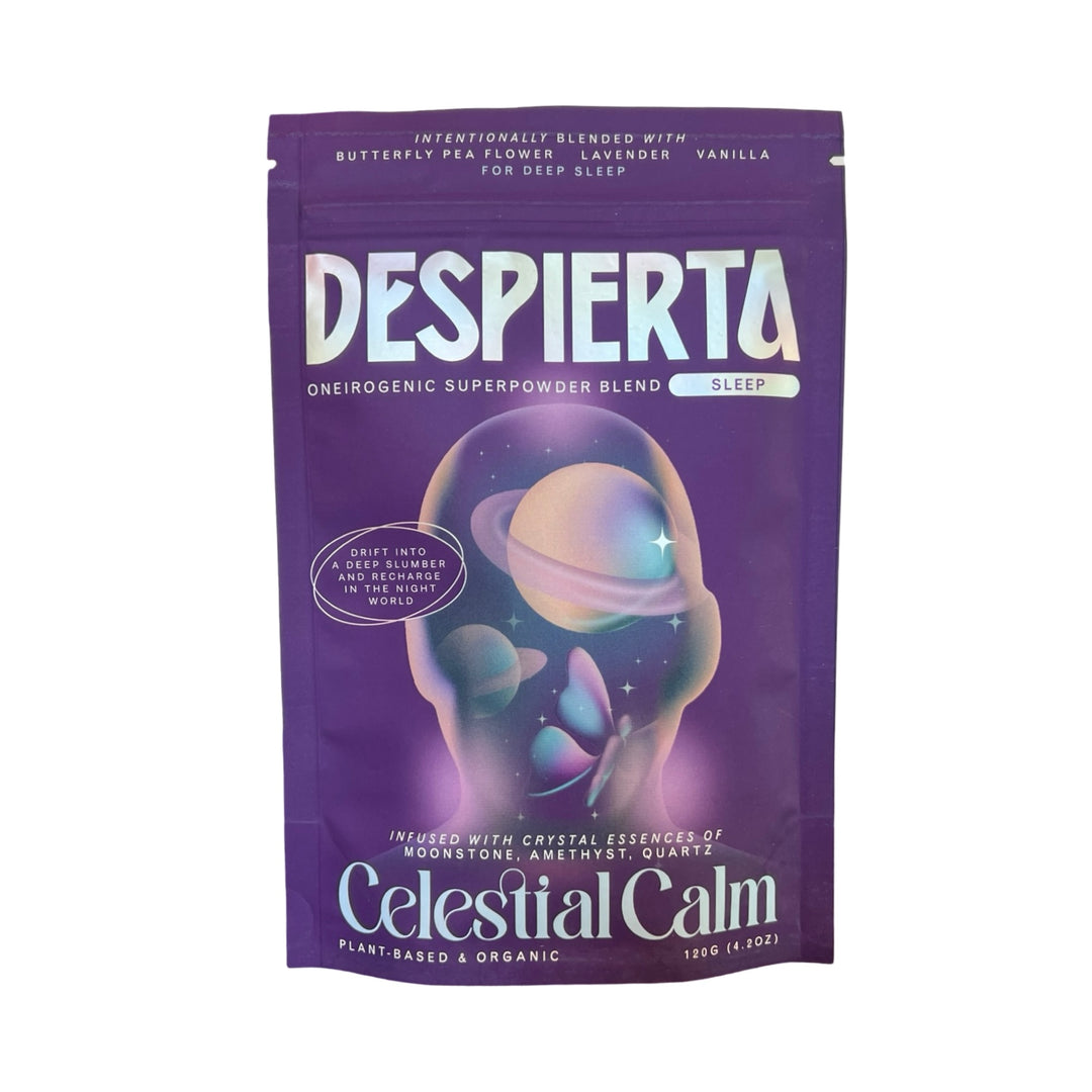 A deep purple pouch of Despierta – Celestial Calm oneirogenic superpowder blend. The packaging features a cosmic, dreamy design with celestial artwork, including planets and a glowing silhouette.