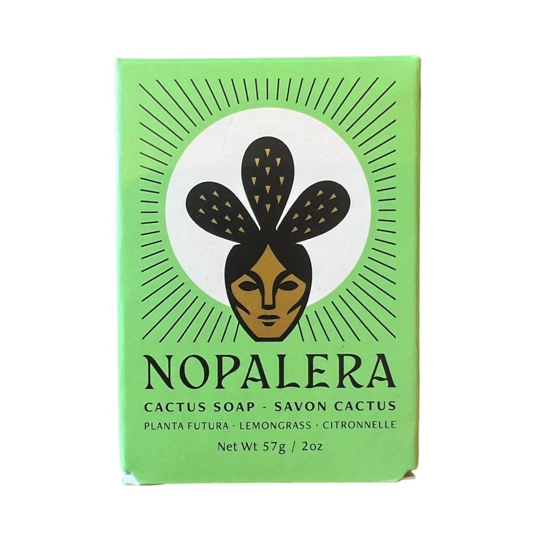 green 2 oz box of nopalera cactus soap featuring an illustration of a woman's face with a cactus crown.