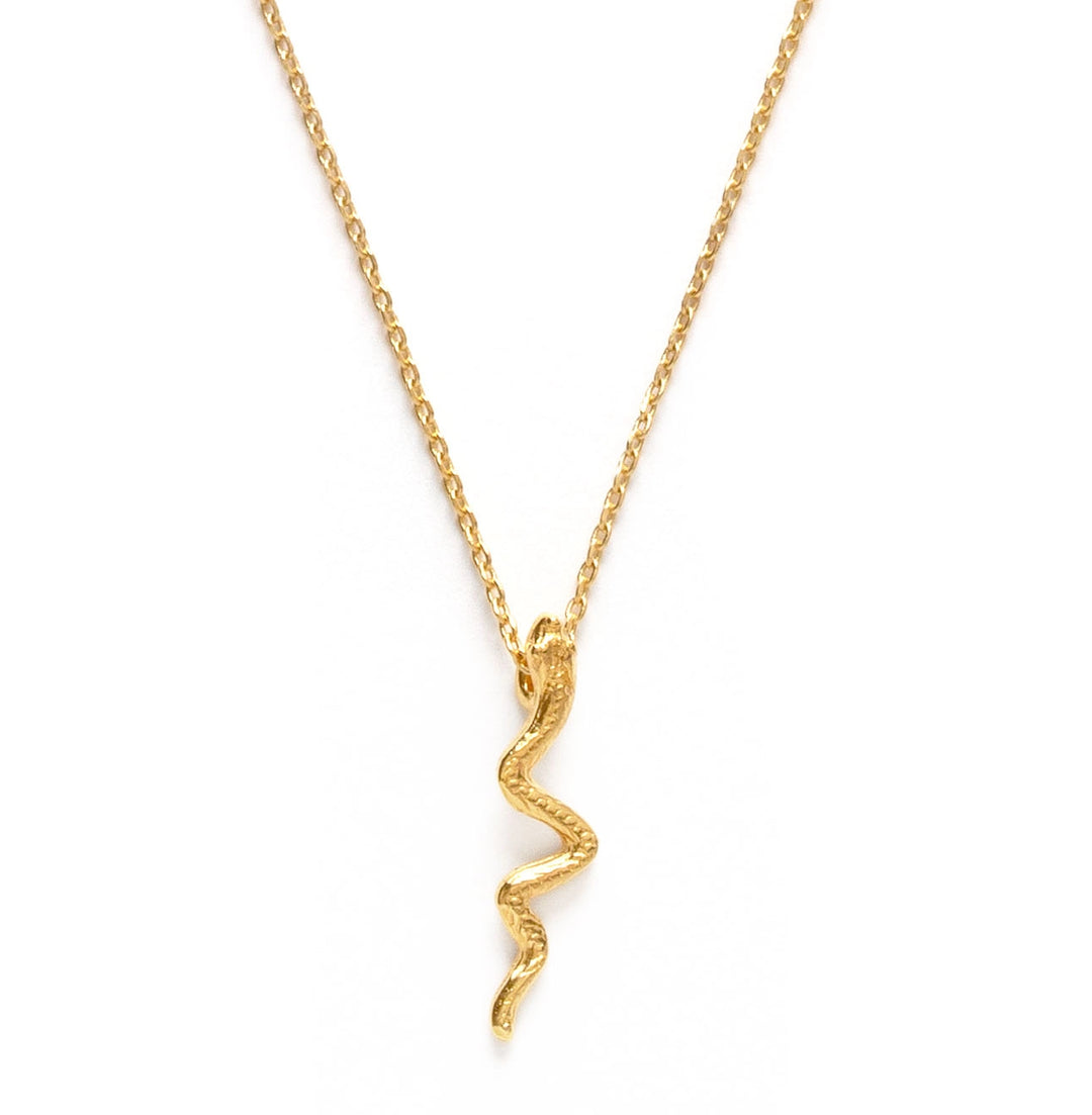 A close-up of a small textured gold serpent pendant with a sinuous winding body, hung on a delicate gold cable chain.