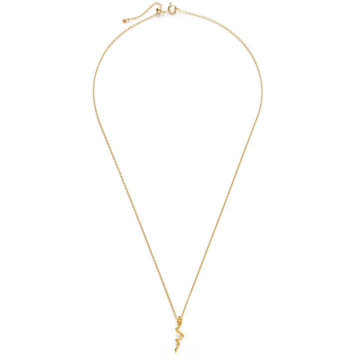 A small textured gold serpent pendant with a sinuous winding body, hung on a delicate gold cable chain.