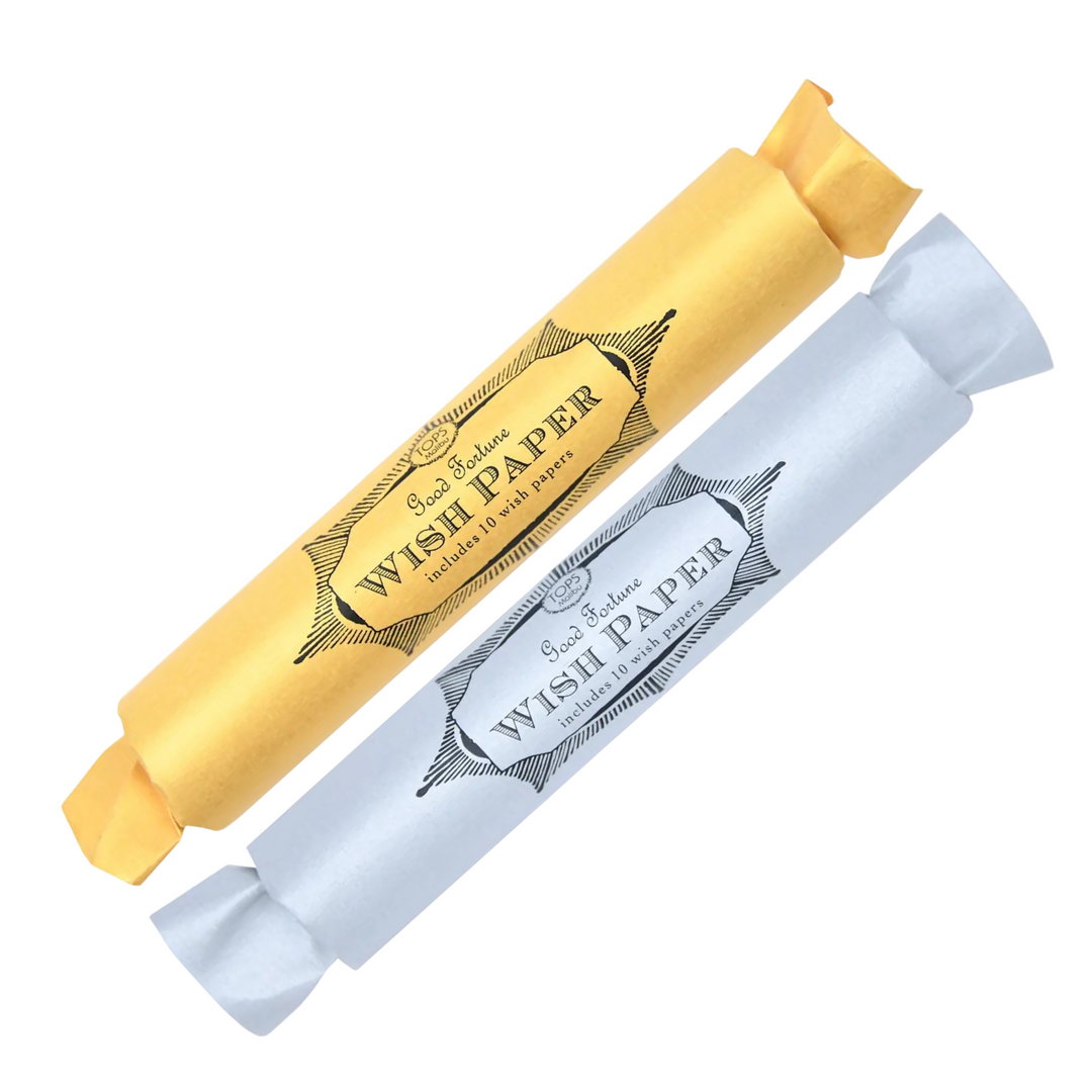Two tubes, one wrapped in silver paper, one wrapped in gold paper lay together diagonally over a plain white background. Both have black printed branded label.