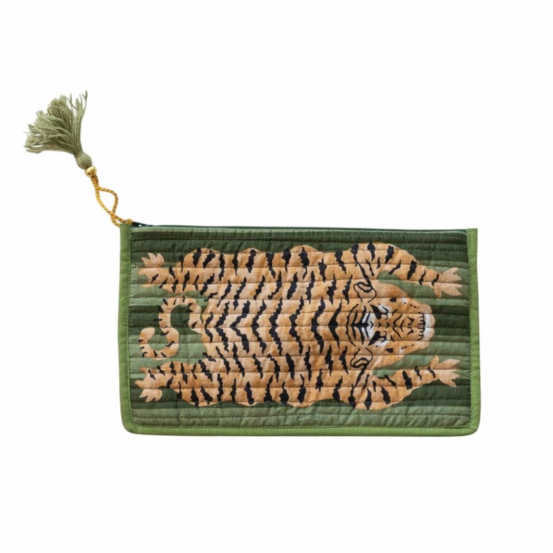 Green quilted zip pouches with a tiger print and tassel zipper pulls.