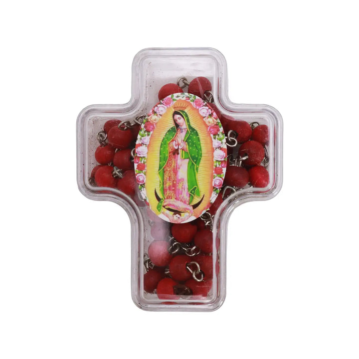 Clear cross-shaped storage case printed with an image of Our Lady of Guadalupe surrounded by roses.