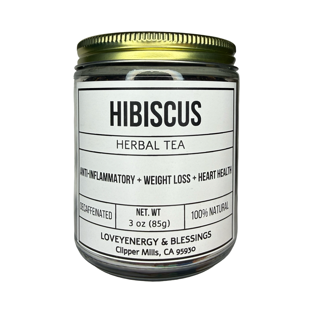 clear 3 oz jar of hibiscus herbal tea featuring a gold lid.
