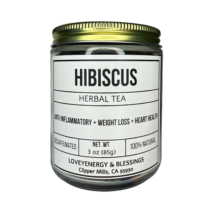 clear 3 oz jar of hibiscus herbal tea featuring a gold lid.