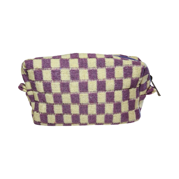 rectangle cosmetic bag with a purple and white checkered design