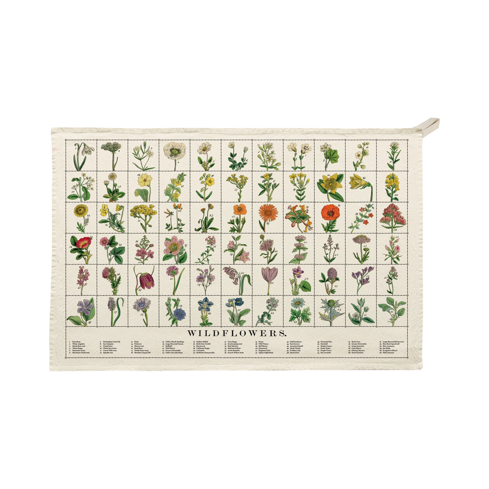 Organic cotton tea towel with illustrated wildflower chart