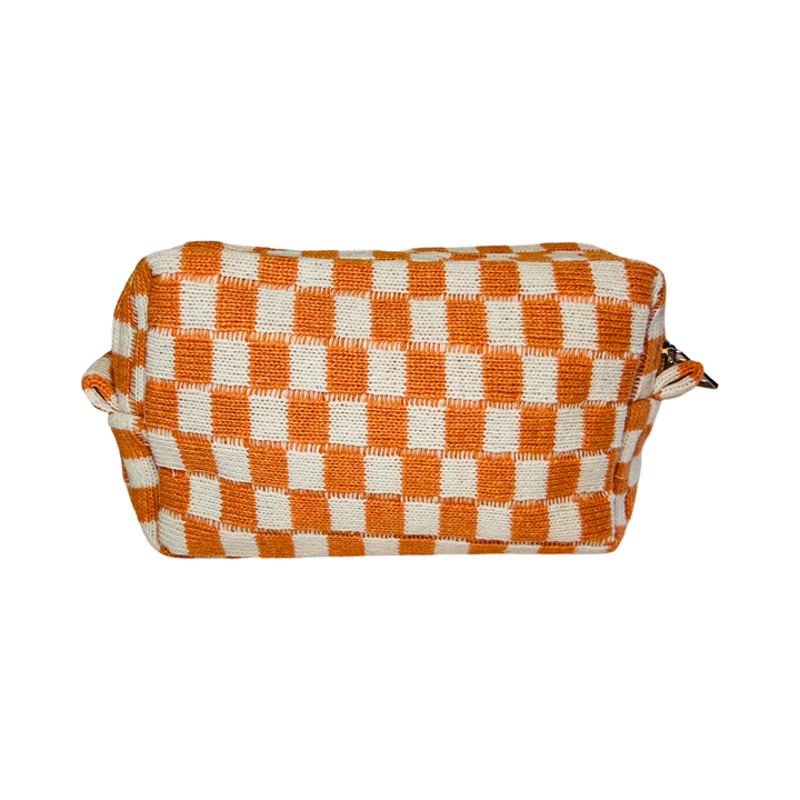 rectangle cosmetic bag with a orange and white checkered design