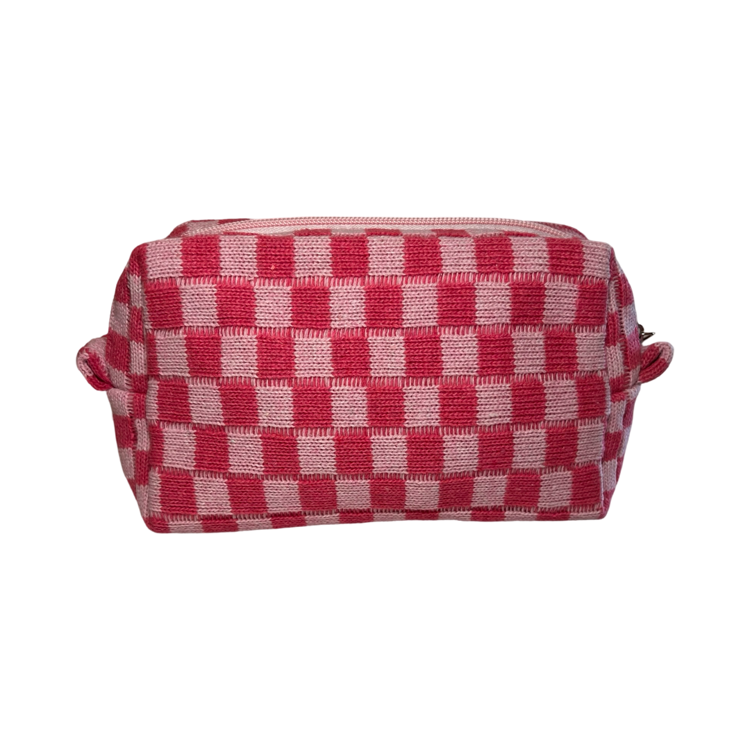 rectangle cosmetic bag with a light and hot pink checkered design