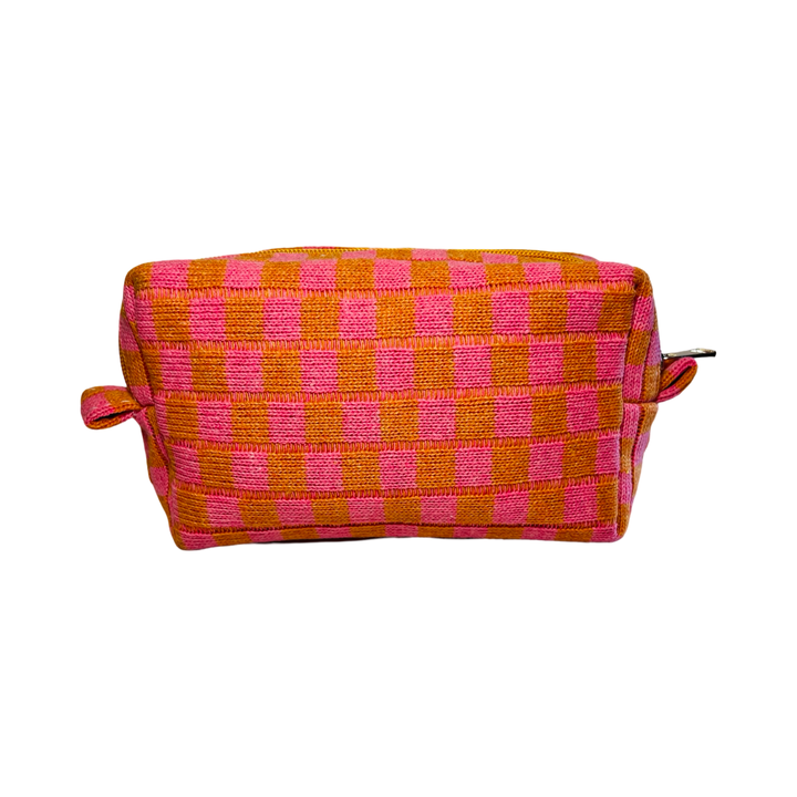 rectangle cosmetic bag with a orange and pink checkered design