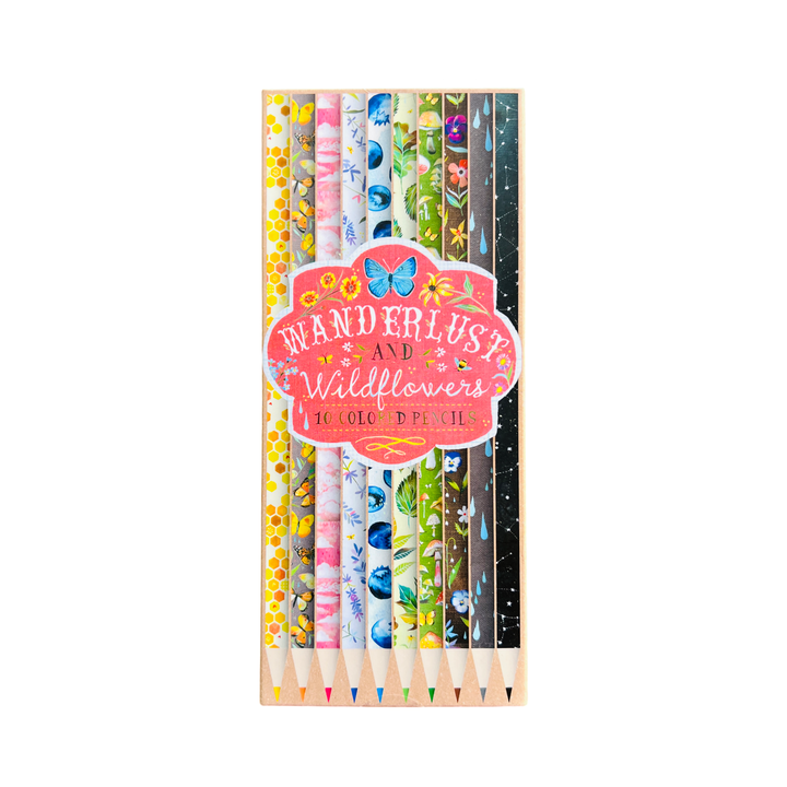 A set of 10 colored pencils with vibrant and intricate floral and nature-themed patterns on the barrels. The packaging features a pink label with butterflies and flowers, reading “Wanderlust and Wildflowers.”