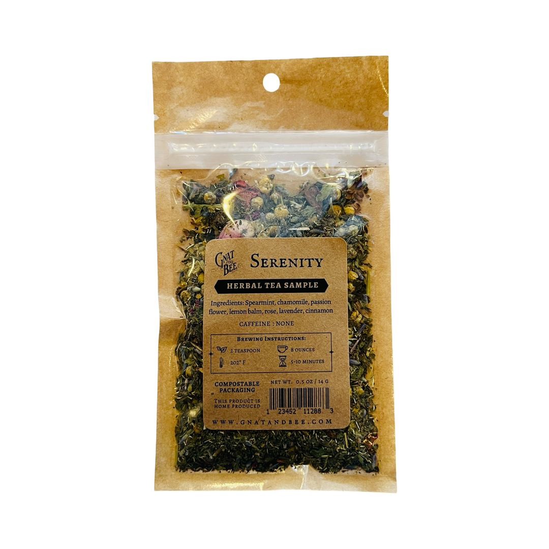 A resealable pouch of Serenity Herbal Tea Sample, a caffeine-free blend featuring spearmint, chamomile, passionflower, lemon balm, rose, lavender, and cinnamon, packaged in compostable materials.