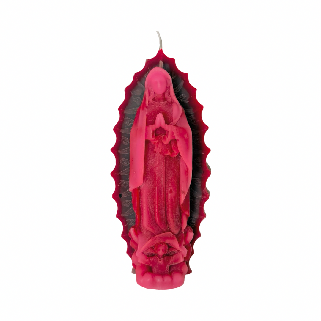 pink and dark teal embossed Virgen de Guadalupe figural candle with detailed relief and decorative halo.
