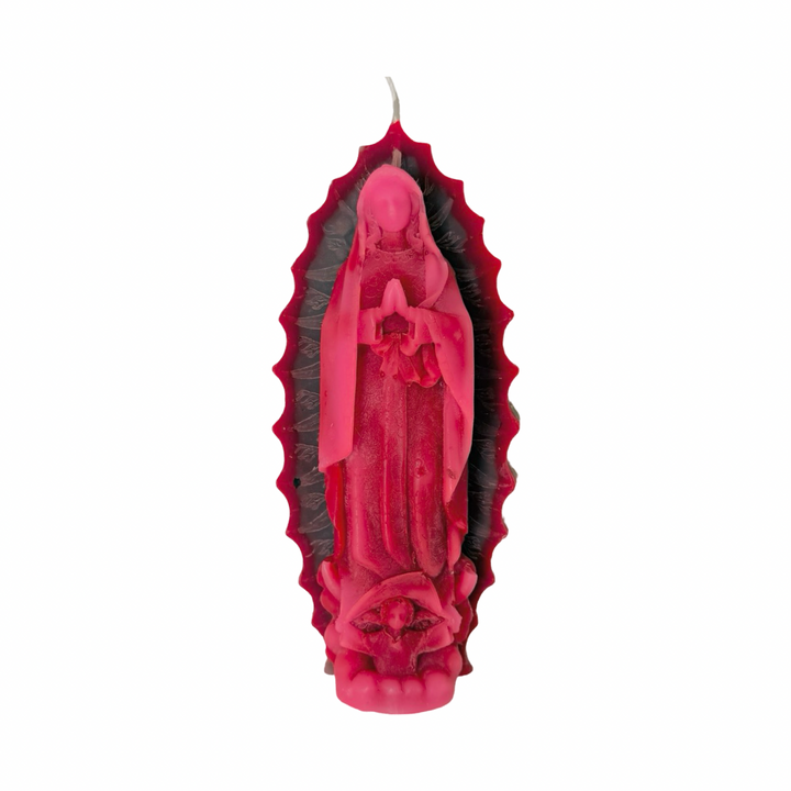 pink and dark teal embossed Virgen de Guadalupe figural candle with detailed relief and decorative halo.