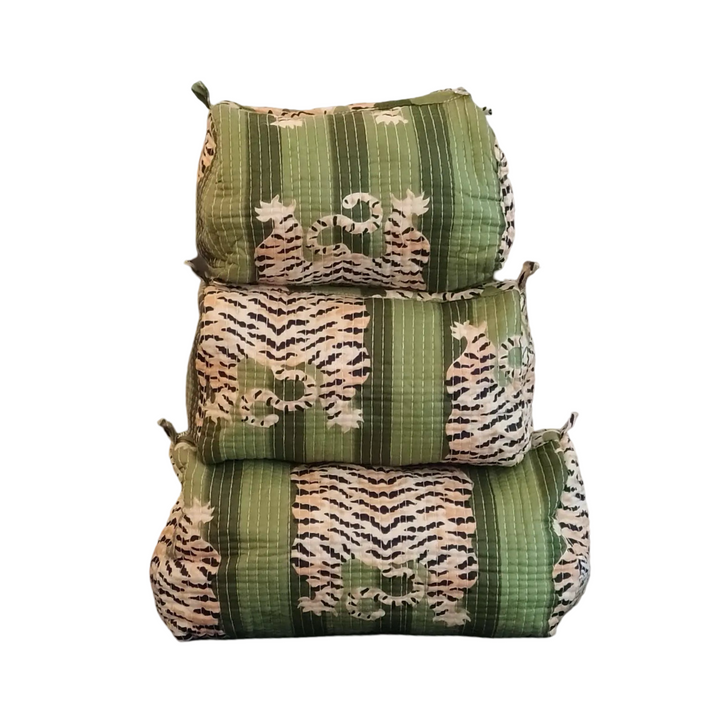 set of three a cosmetic bag featuring a dual green and tiger-striped pattern