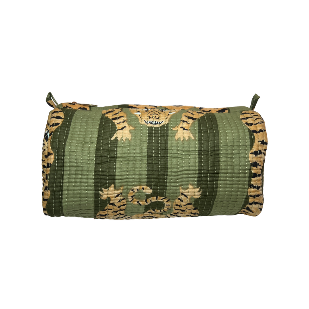 a cosmetic bag featuring a dual green and tiger-striped pattern.