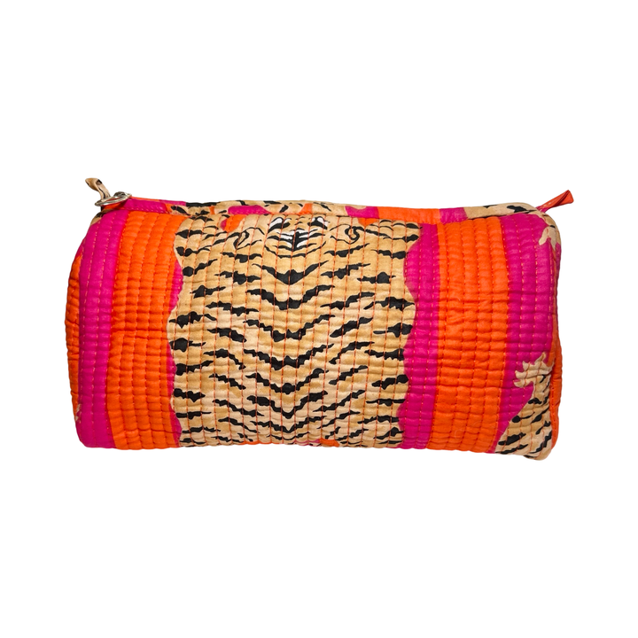 a cosmetic bag featuring a orange and pink and tiger-striped pattern.