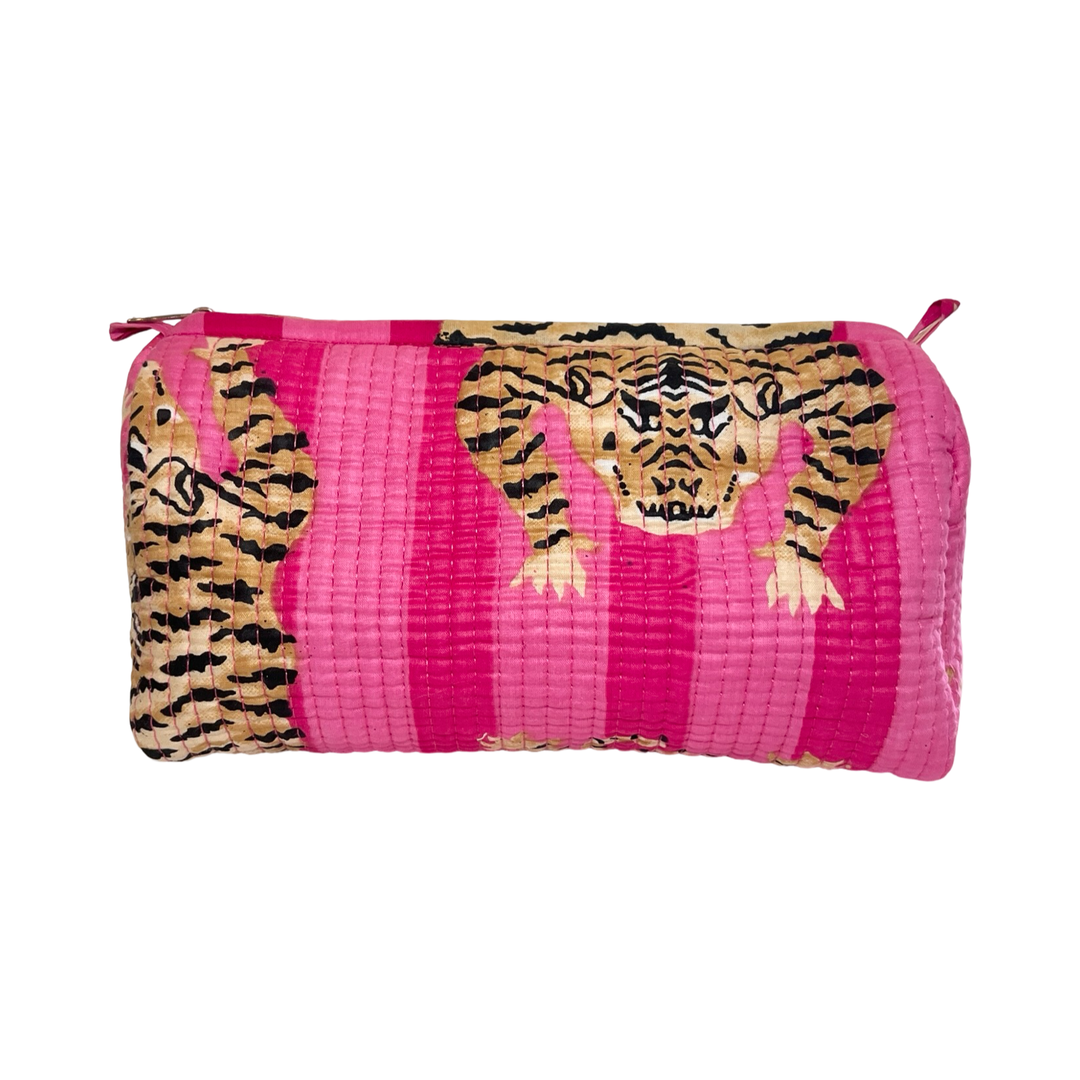 a cosmetic bag featuring a dual pink and tiger-striped pattern.