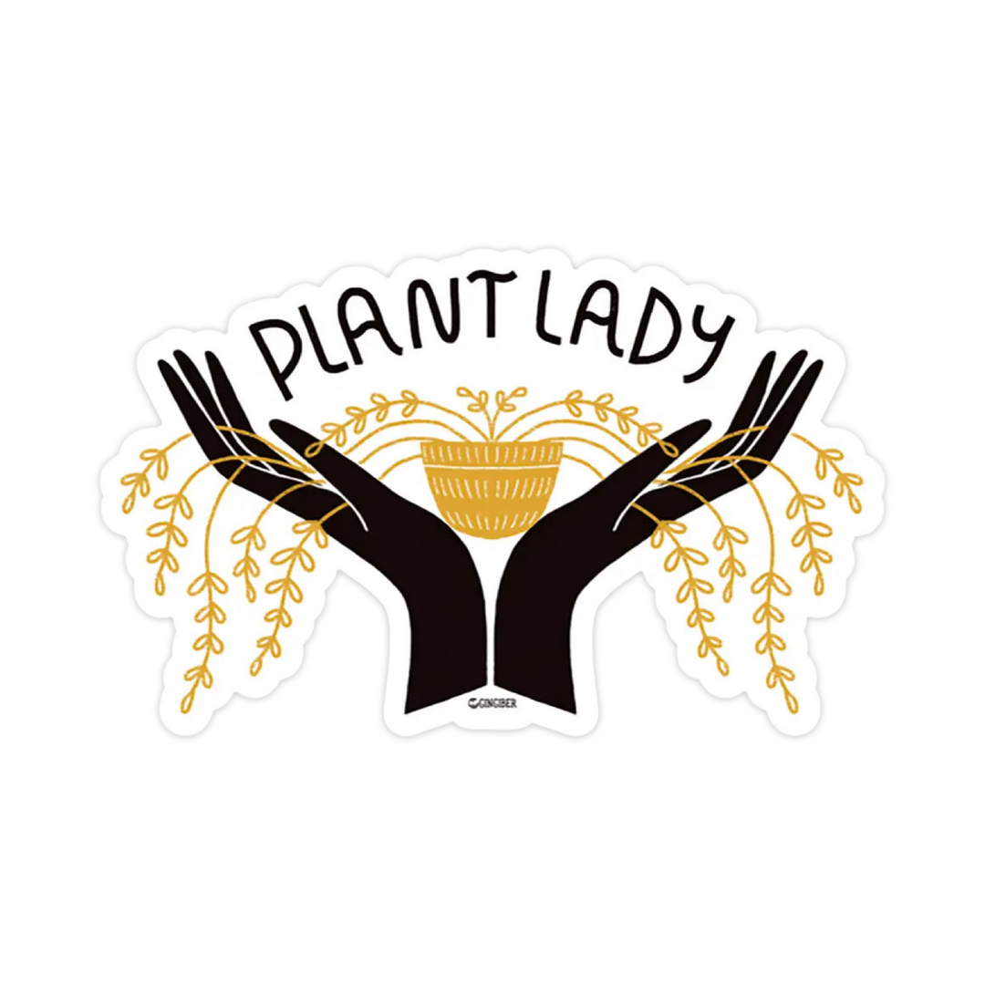 Sticker featuring the phrase "Plant Lady" with illustrated hands holding a potted plant with cascading vines.